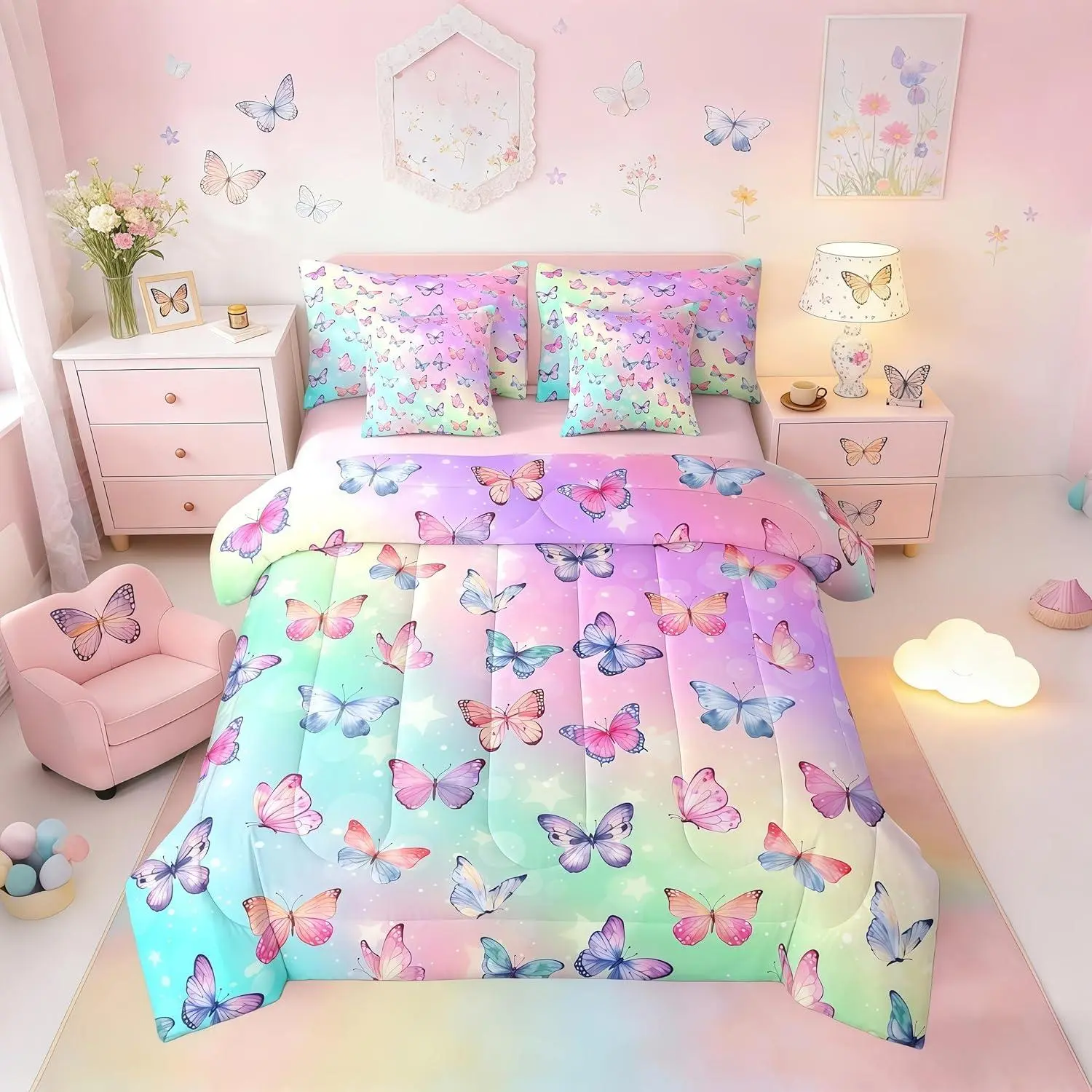 Feelyou 7-in-1 Ultra-Soft Microfiber Queen Comforter Set for Girls - Breathable Bed Cover, Comfy Blankets, Pink-Blue Butterfly Charm Design, Purple Rainbow Gradient Fitted & Flat Sheets for Cozy Bed Setup, Valentine's Day Ready, Halloween