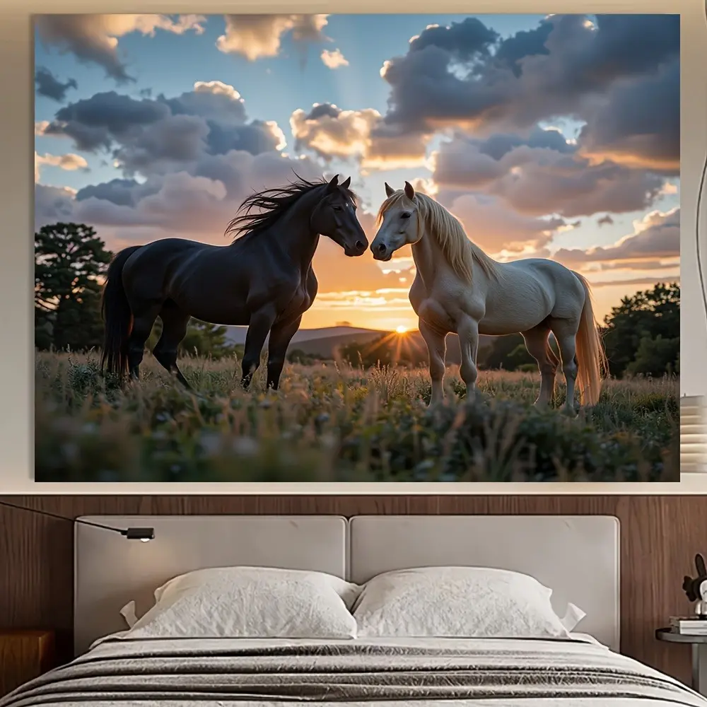 Durable Polyester Tapestry - Vintage Room Decor, Classic Horse & Grassy Pastoral Sunset Animal Design, High-Def Print, Easy to Clean, Home Inspo for Family, Upgrades Wall/Sofa/Bed, Festival Gift