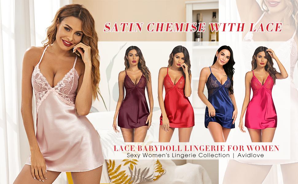 avidlove Women Lingerie V Neck Nightwear Satin Sleepwear Lace Chemise Mini