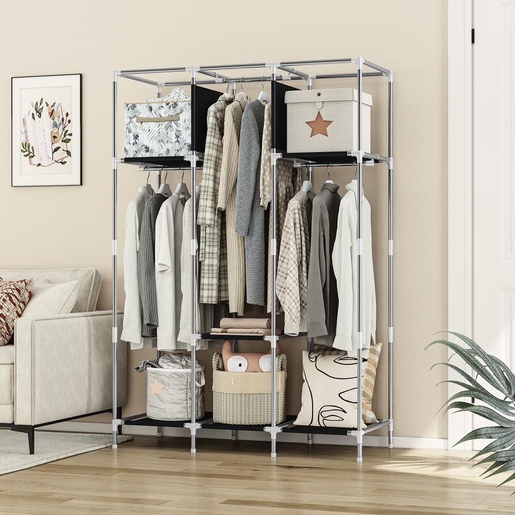 Portable Storage Organizer Wardrobe Closet for Bedroom Metal Hanging Rack Non-Woven Fabric Black(41.34'' *17.32'' *61.42'')