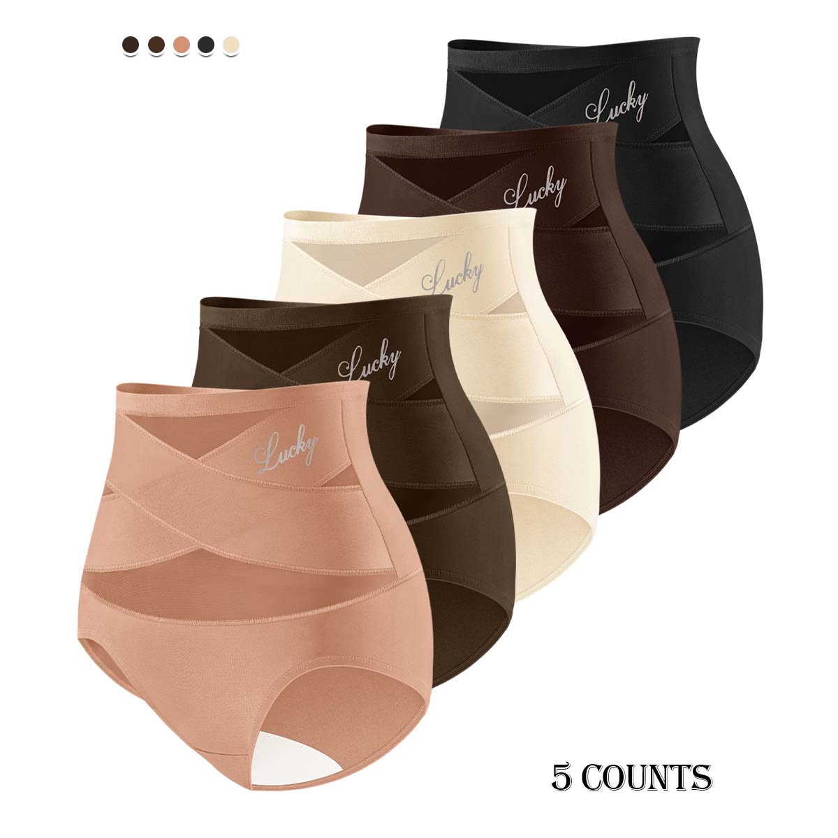 【Pluz Size】Morelect 5 Pcs High Waisted Underwear for Women Tummy Control, Lightweight Panties with Lucky Charm, Breathable Mesh Panel Briefs, Comfy Invisible All Day Undies