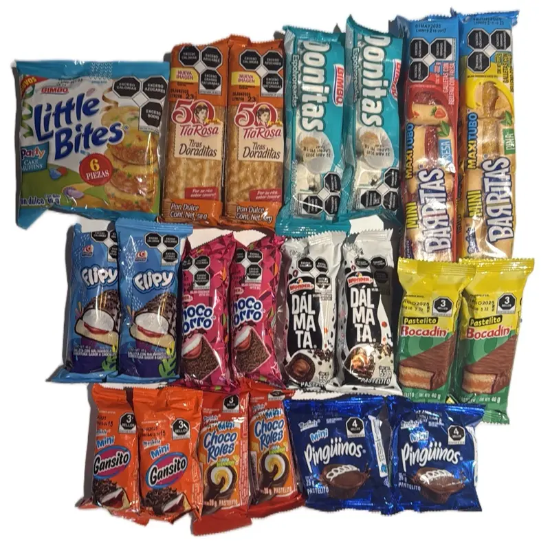 Mini favorites! 30 pieces! All your favorites from Tia Rosa and Bimbo. Little Bites, Doraditas, Donitas, Mini Barritas, Flipy, Dálmata, ChocoTorro, Bocadin Pastelito, Gansito, Pingüino and ChocoRoles and more!