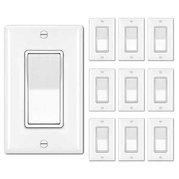 10 Pack Single Pole Decorator Light Switch with Wallplate, 15A 120/277V, Rocker Paddle Wall Switch, On/Off Interrupter for LED and Other Lamps