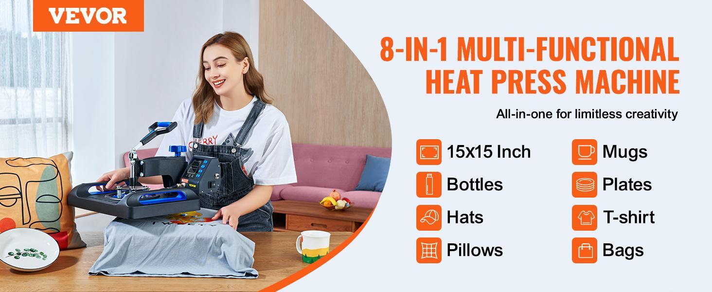 VEVOR Heat Press Machine 15 x 15 Inch 8 in 1 Heat Press 800W Sublimation Machine 360° Rotation Swing Away 8 in 1 Shirt Printing Machine Dual-Tube Heating for DIY T-Shirts Cap & Mugs