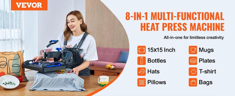 VEVOR Heat Press Machine 15 x 15 Inch 8 in 1 Heat Press 800W Sublimation Machine 360° Rotation Swing Away 8 in 1 Shirt Printing Machine Dual-Tube Heating for DIY T-Shirts Cap & Mugs