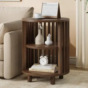 【SPRING GLOW UP】ONBRILL Round End Table, Wood Bedside Table, Mid Century Modern Nightstand with Open Storage Shelf, 3 Tier Small Side Tables for Living Room, Bedroom, Curved Profile Design, Natural Oak(2-Pack)