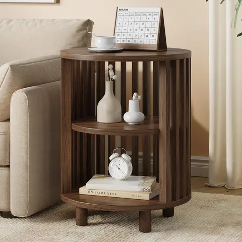 【Black Friday】ONBRILL Round End Table, Wood Bedside Table, Mid Century Modern Nightstand with Open Storage Shelf, 3 Tier Small Side Tables for Living Room, Bedroom, Curved Profile Design, Natural Oak(2-Pack)