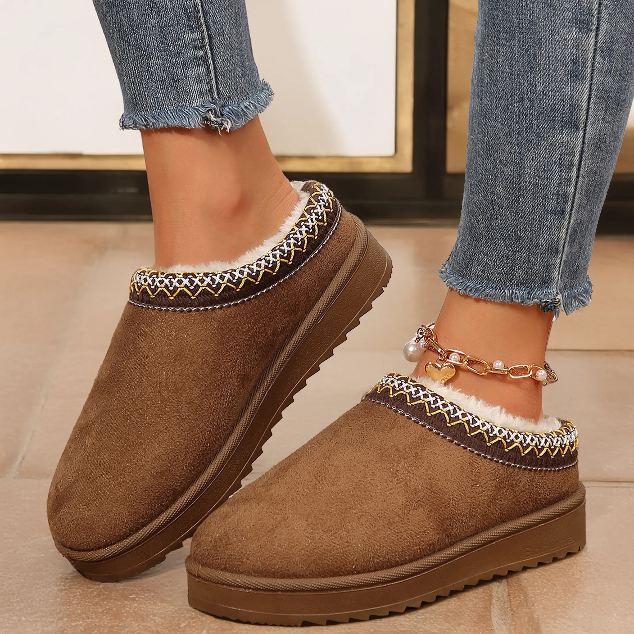 Women's Slipper Slip On For Women Suede Leather Indoor/Outdoor Comfy Fleece Lined Short Mini Snow Boot Slippers House Shoes Breathable Nonslip