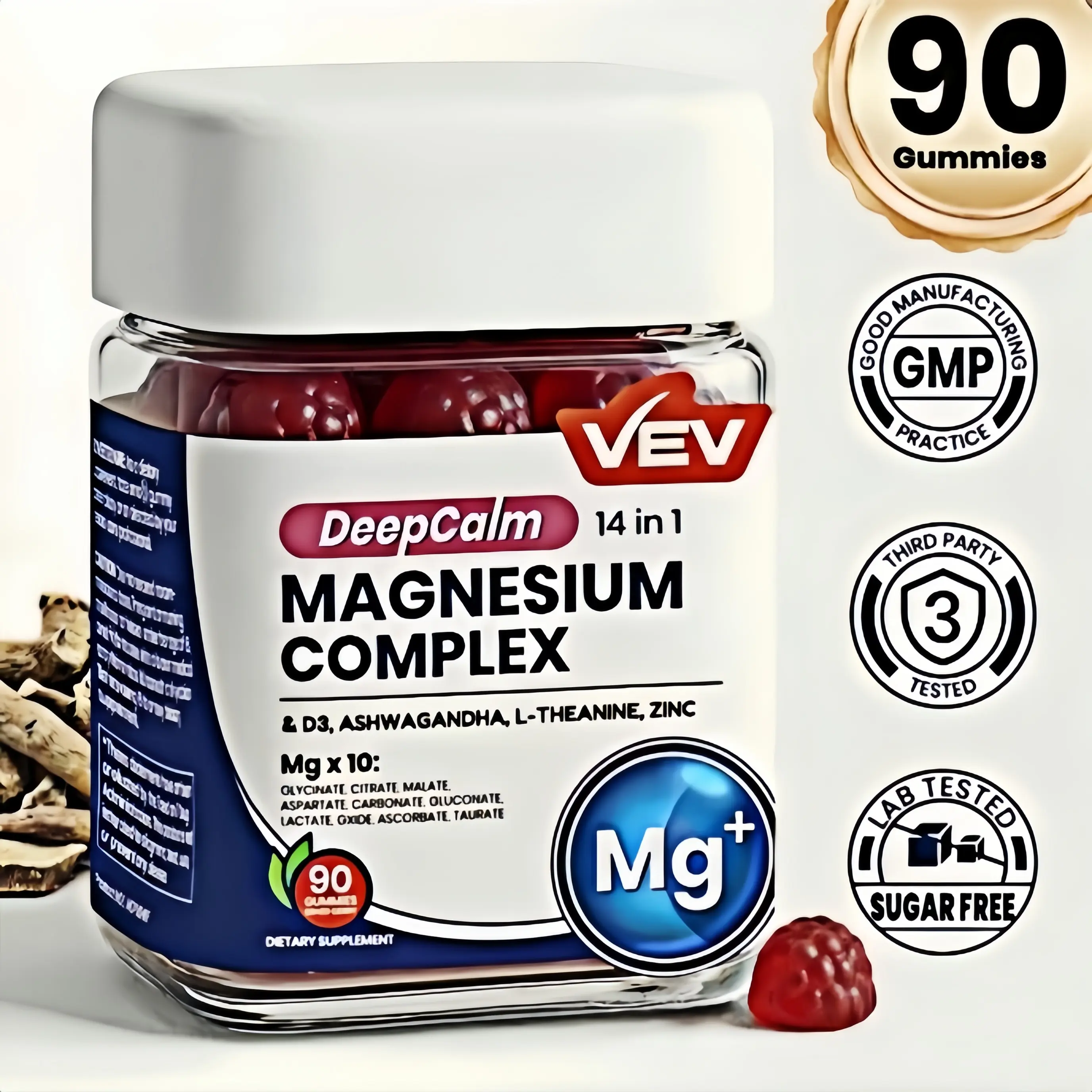 Limited time sale, VEV DeepCalm 14-in-1 Magnesium Gummies Complex – Magnesium Glycinate Multivitamin Complex Supplement, D3, Ashwagandha, L-theanine, Zinc – 90 Count,supplements for men and women,Magnesium for Bone Health, Vegan, No Sugar