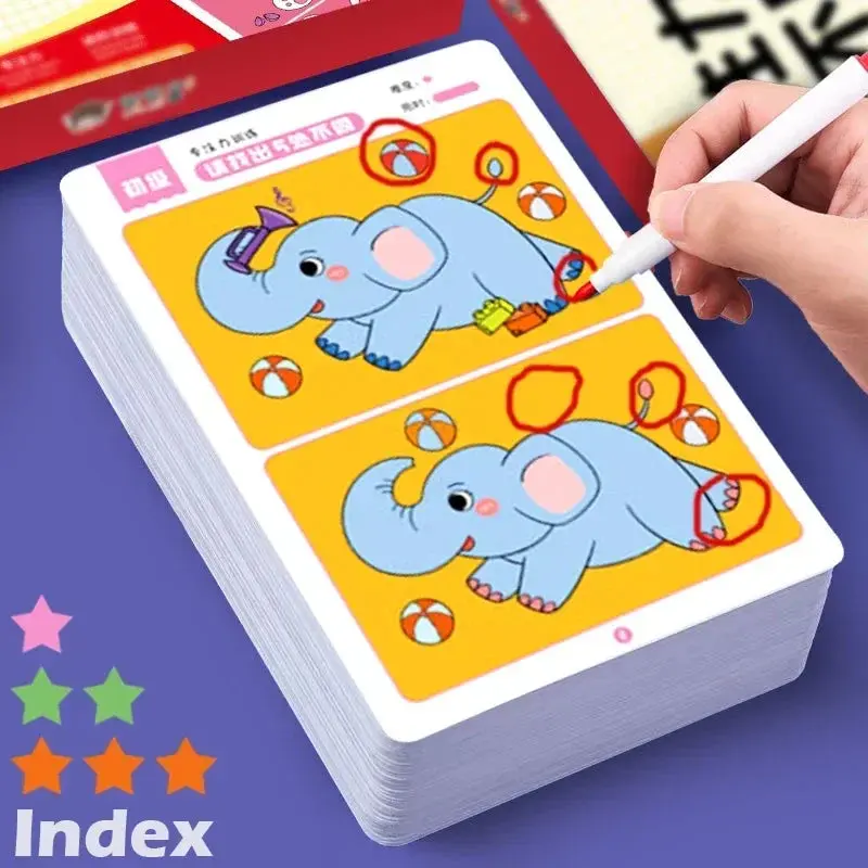 64 Reusable Find-the-Difference Flash Cards for Kids 3-6y & 8-10 Years, Educational Concentration Visual Puzzle Toy, Reusable Pens
