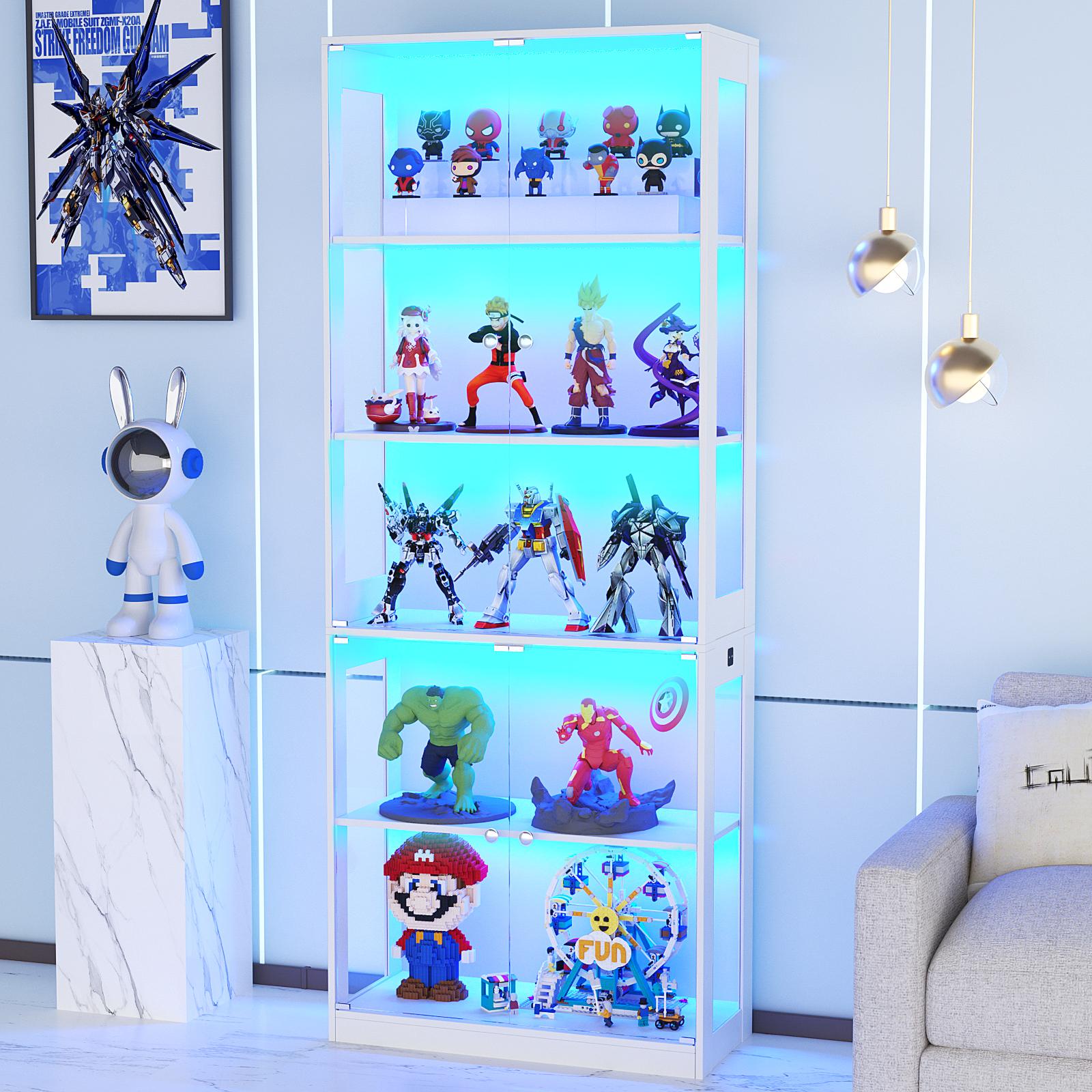 VOWNER 80'' Display Cabinet with Glass Door 4-5-Tier Curio Cabinet for Collectibles Trophy Glass Display Case with Human Body Sensor 3 Color Lights Bookcase Storage Cabinets for Living Room Study