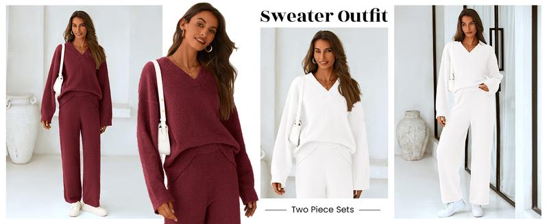 PRETTYGARDEN Women's 2-Piece Lounge Set Soft Chunky V Neck Tops & Wide Leg Long Pants Basic 100% Polyester Tracksuit Loungewear Minimalist Homewear Pajama