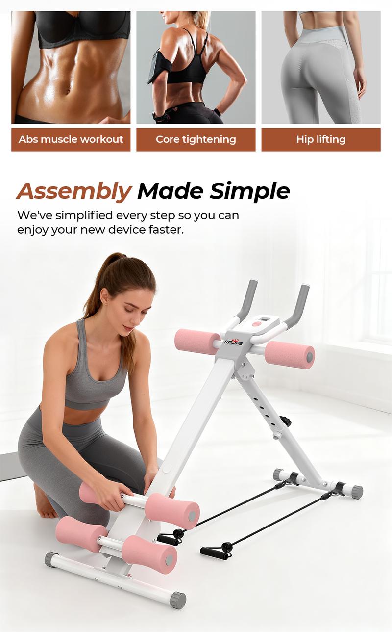 Relife Sports Pink Adjustable Ab Trainer Machine with LCD Monitor, Foldable Ab Exercise Machine for Abs, Arm, Leg, Buttocks Shaper, Core & Ab Trainer at Home Gym for Women, Workout Equipment