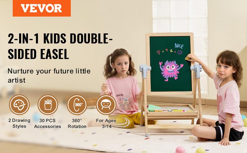 VEVOR 2-in-1 Kids Art Easel Double-Sided Wooden Magnetic Whiteboard Chalkboard, Christmas gift