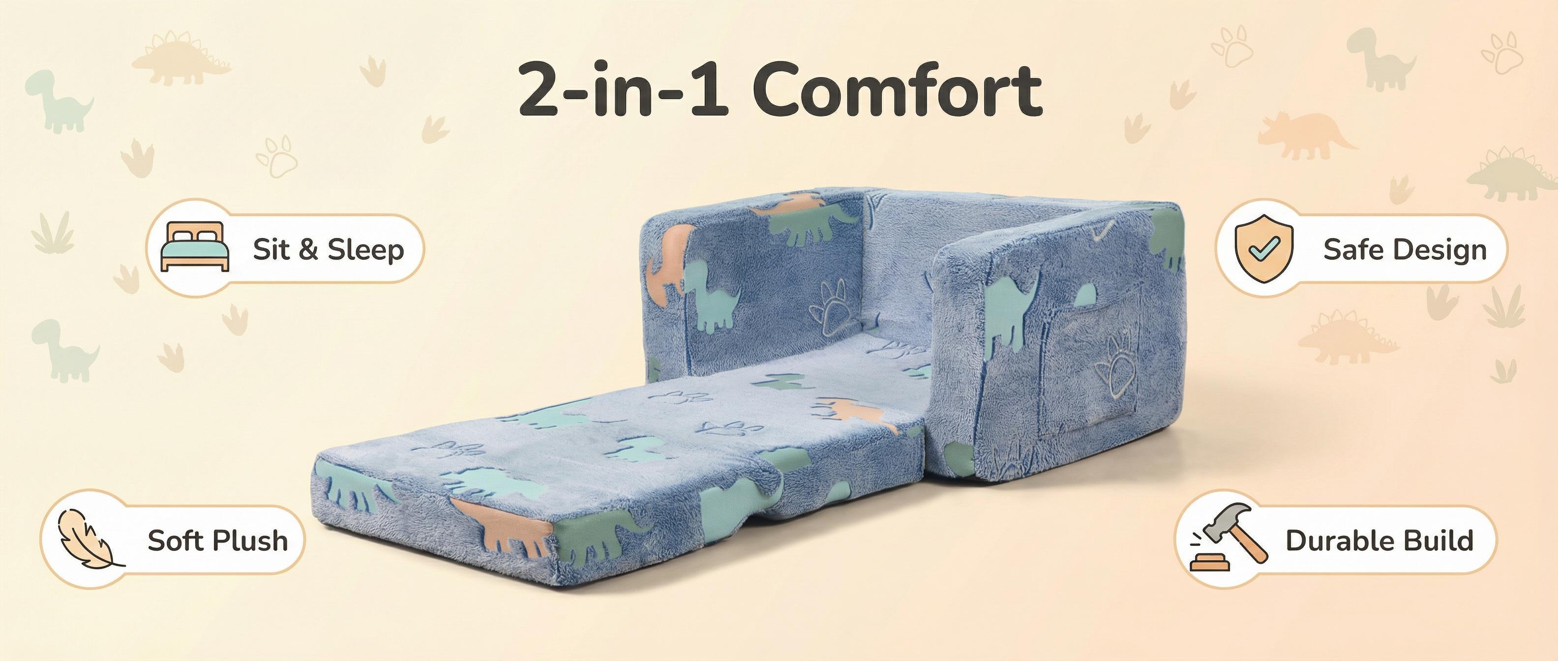 Children's sofa folding chair, blue dinosaur pattern, easy to assemble and clean, suitable for living room, bedroom, children's room, courtyard, turning sofa into bed, suitable for girls and boys' Christmas and birthday gifts, [Restore shape after vacuum