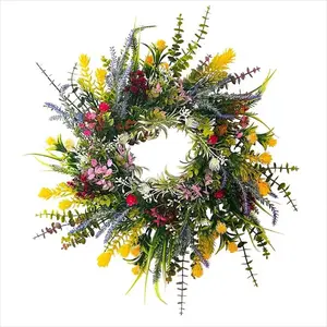 Spring Wreaths for Front Door 13.8in Outside Welcome Summer Flowers Weatherproof Greenery All Seasons Round Wreath