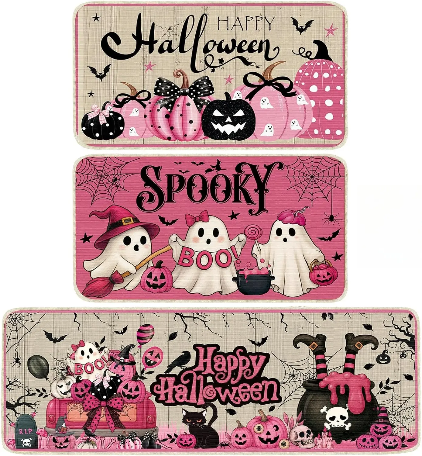 3 Pcs Pink Halloween Kitchen Rugs and Mats Set Ghost Boo Floor Mat Non Slip Whimsical Spooky Pumpkin Black Cat Doormats Farmhouse Halloween Rug for Kitchen Home Floor Door Indoor Decorations