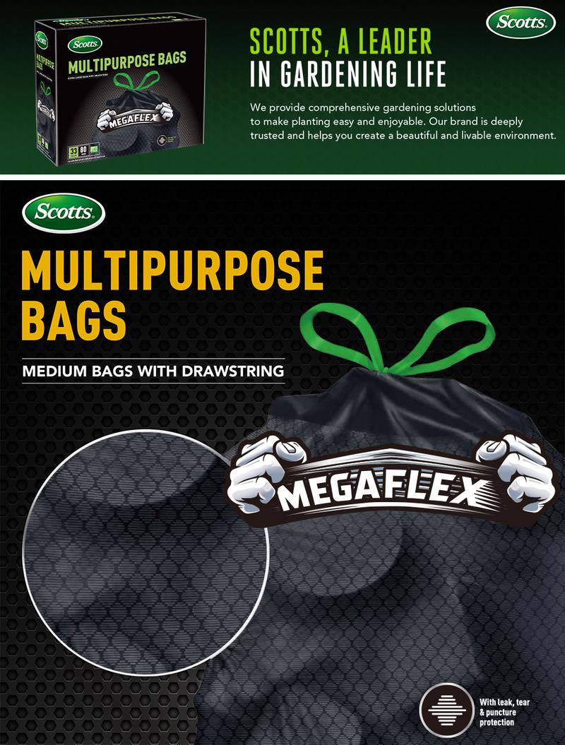 Scotts 33 Gallon  Disposable Non-Rip Black Large Drawstring Garbage Bags, Suitable for Large Kitchen Garbage Cans, Super Strong  Industrial, Garden, Home, Cleaning Supplies - Durable, Leak-proof, Easy to Use Trash bag