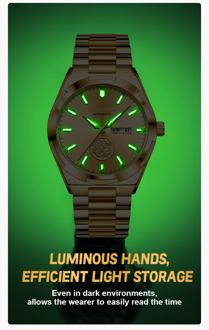 Calonic Kien Men's Luxury Swiss Automatic Gold Watch with Dual Calendar 42mm Stainless Steel Band Luminous Display Water Resistance Buckle