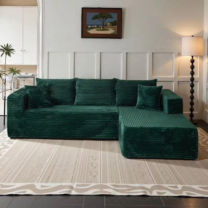 106-in Modern Oversized L-Shaped Boneless Sectional Couch, Comfy Corduroy Convertible Floor Cloud Sofa with Chaise, Wide Arms, Deep Seat, Memory Foam, Tool-Free Assembly, Khaki for Living Rooms, Apartments