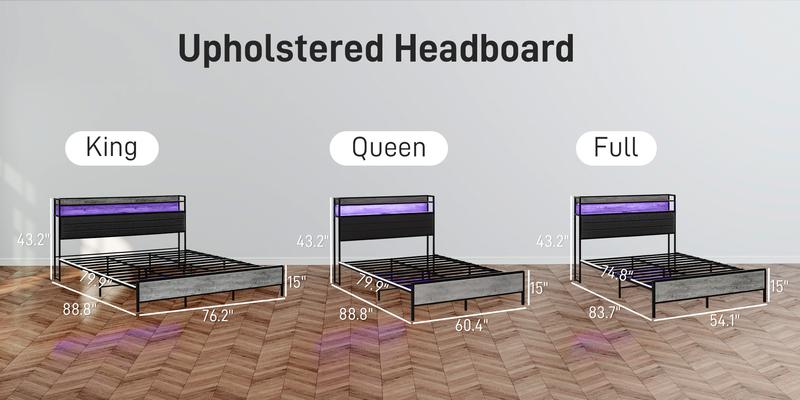 HOMCOM Bed Frame with Storage Headboard, Platform Bed Frame with LED Lights, Charging Station, Steel Slats, Noise-Free & Easy Assembly, No Box Spring Needed