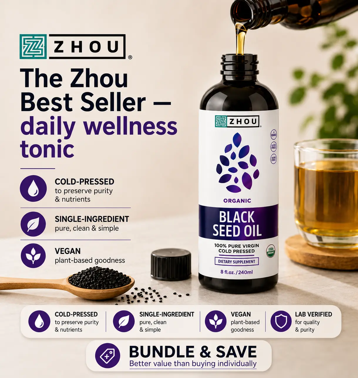 Zhou Black Seed Oil Liquid — Cold-Pressed Black Cumin Seed — Daily Wellness Tonic