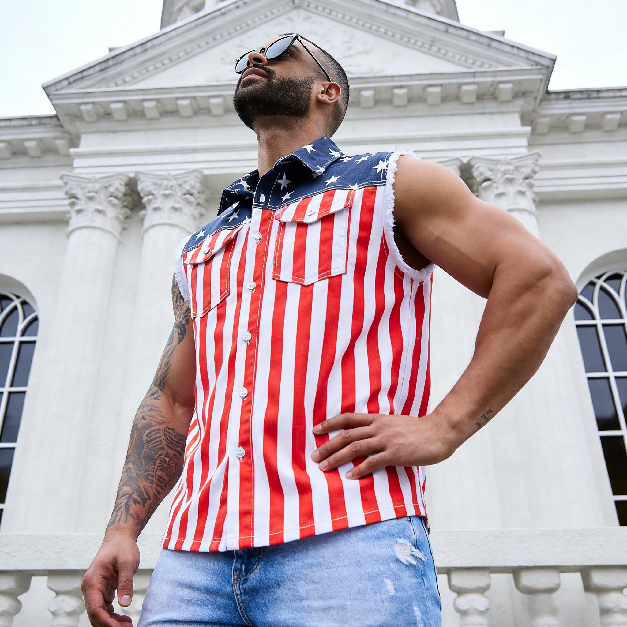 Yuanbang 4th of July Men’s American Flag Denim Vest USA 250th Birthday Independence Day Sleeveless Summer Casual Jacket Patriotic Style Outdoor Fashion Menswear Father's Festival Dad Gifts Guys Love Top SpringStatements