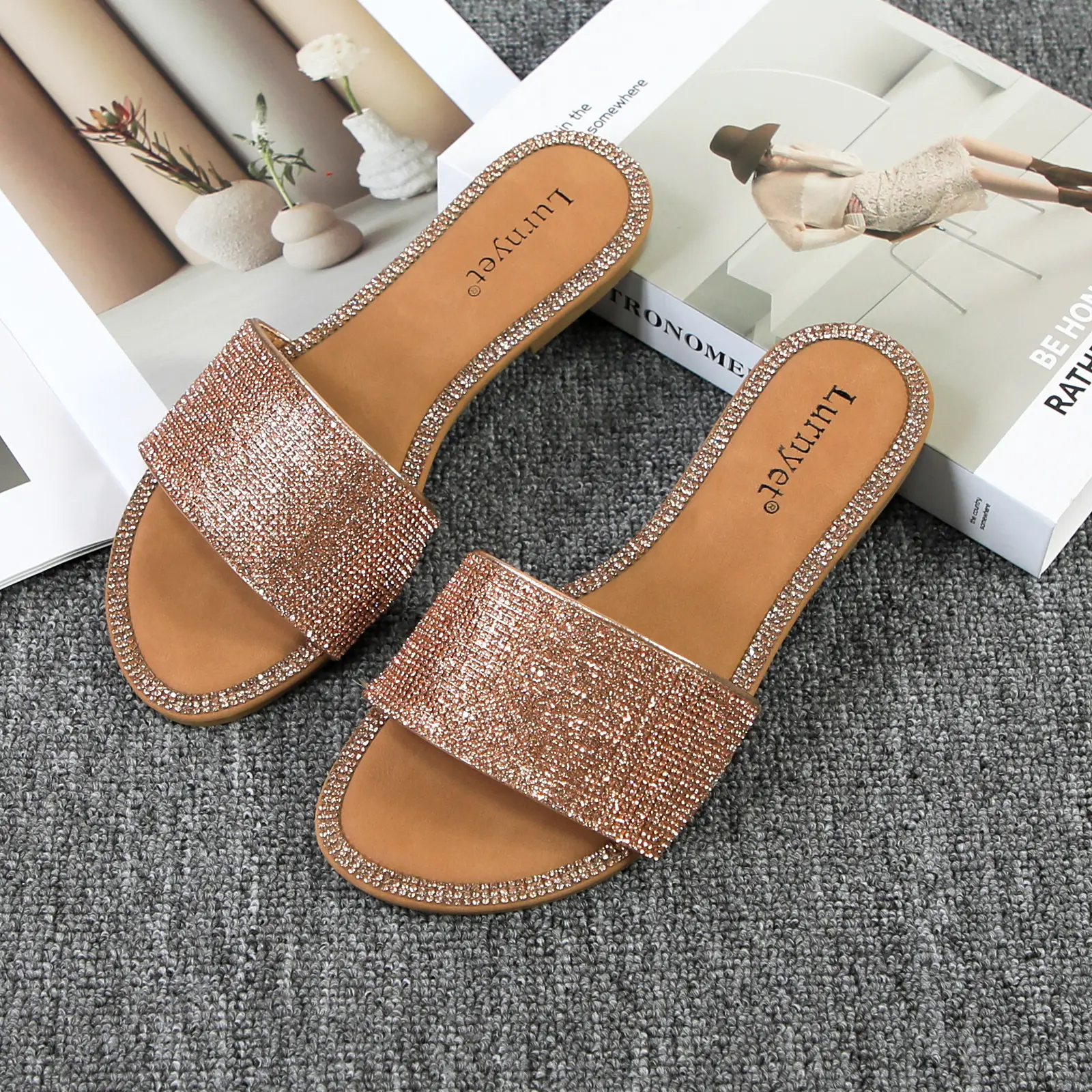 Women's Bling Rhinestone Accent Flat-Sole Synthetic Slide Sandals - Square Toe Slip-On, Sparkly Full-Diamond Strap, Comfortable Open-Toe, Summer Beach Party Casual Wear Female Footwear slipper shoe daily outdoor