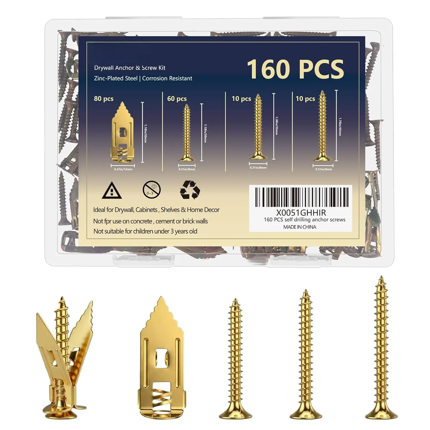 160 count Self Drilling Drywall Anchors with Screws Kit,Metal & Heavy Duty Grip Anchors for Wall,Sheetrock, Expansion Anchor  Sizes for Picture Frames,Mirror,Cabinet, Shelves &  Decor,