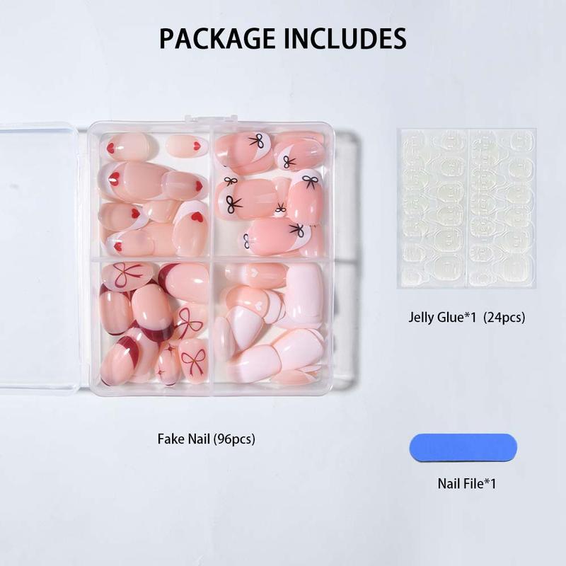 96pcs Short Oval Heart Bow False Nails Set, Removable Press-On Acrylic Nails, Y2K Style, Perfect for Women, Valentine's Day, Fall Winter