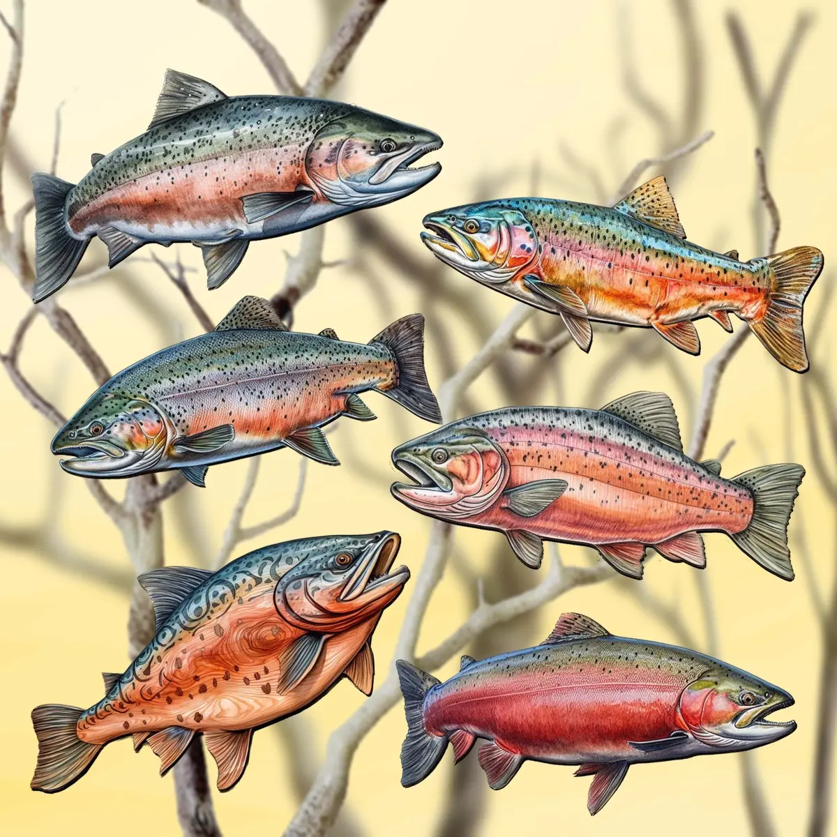 Designocracy Wild Salmon Tales Wooden Clip-On Christmas Home Decoration - 2x2x0.25 in Animal Themed Holiday Ornaments, Set of 6, Festive Gift for Home Supplies