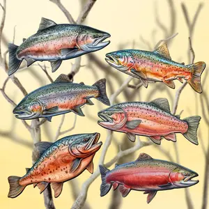 Designocracy 8090109C-S6 2 x 2 x 0.25 in. Wild Salmon Tales Holiday Wooden Clip-on Ornaments, Set of 6