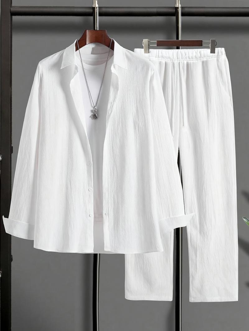 Men's Casual Long Sleeve Shirt & Stretch Trousers Set - Solid Color Relaxed Fit, Soft Rich Texture for Fall Fashion, Office Work & Daily Comfort
