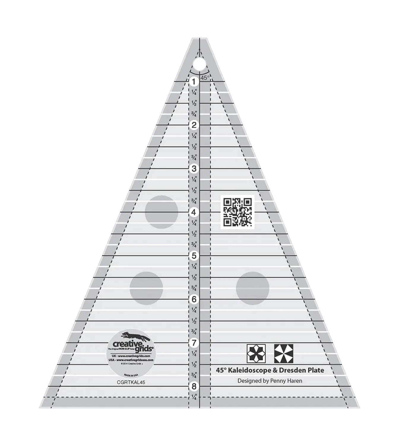 Creative Grids 45 Degree Kaleidoscope & Dresden Plate – CGRTKAL45 – Made in USA, 7-1/4in x 8-1/2in, Non-Slip Grip Acrylic Quilting, Sewing, Crafting, Patchwork Ruler & Template