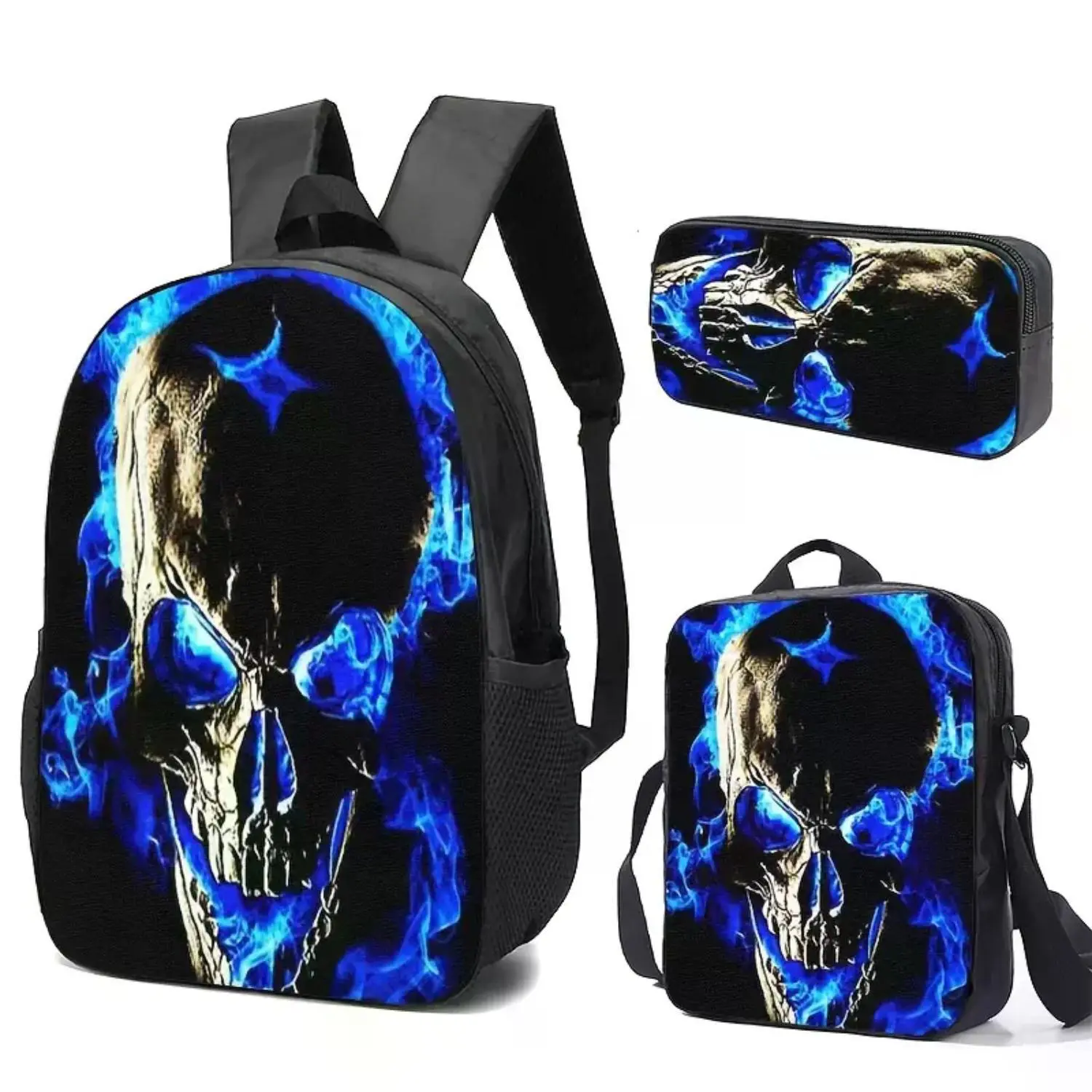 3PCS Gothic Blue Skull Backpack Set: School Bag, Lunch Bag & Pencil Case with Black Flame Skeleton Design, Horror Graphic Travel Daypack, Cool Halloween Backpack for Teens & Adults, Perfect Back to School Gift for Boys & Girls