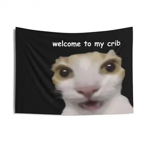 "Welcome to My Crib" Design，Fun Cat Emoji Tapestry - Top Meme Wall Art for Cat Enthusiasts |   Great for Living Spaces, Dorms，Lightweight Decor,bedroom decorative accessories，chill room accessories roo easy hang free flag multiple option Backdrop Hanging