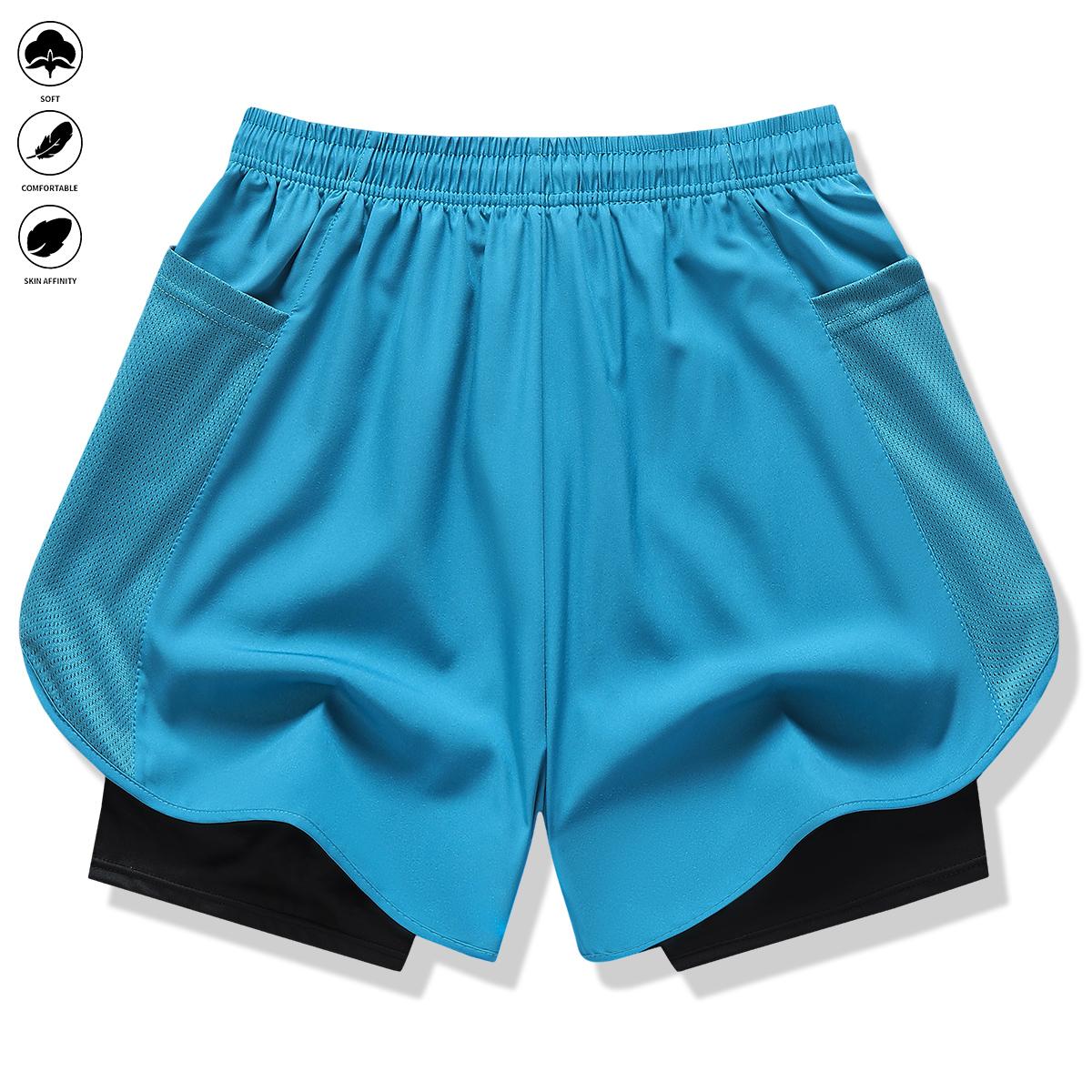 Women’s casual athletic pants, faux two-piece design, solid color, with inner lining, elastic drawstring waistband, suitable for outdoor fitness, running, sports, and casual wear; women’s shorts