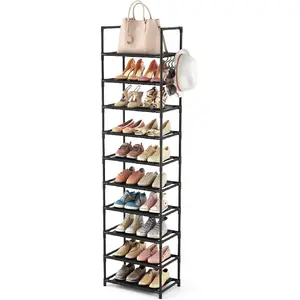 J.C 10 Tiers Tall Shoe Rack 20-25 Pairs Boots Organizer Storage Sturdy Narrow Shoe Shelf for Entryway, Closets with Hooks, Black