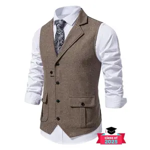 Men's Solid Button Front Pocket Suit Vest, Regular Fit Casual Formal Lapel Sleeveless Suit Vest for Work Office Business, Men's Clothes for All Seasons