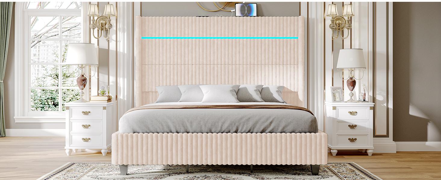 AMERLIFE Bed Frame with LED Lights Charging Station, Corduroy Upholstered Platform Bed Frame with 60" Tall Wingback Headboard/No Box Spring Needed,Best Gift Ideas/Christmas Gifts