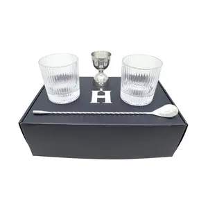 Old Fashioned Barware Kit - Stainless Steel & Lead-Free Crystal - 2 Ribbed Glasses, Ice Cube Mold, Jigger, Bar Spoon - Perfect for Cocktails