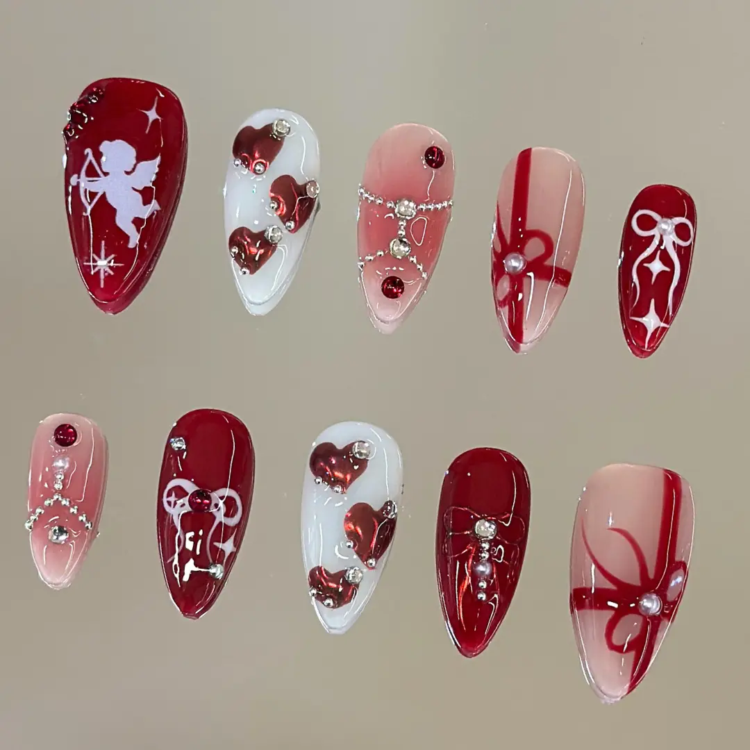 NailVesta  RUBY BOW – 100% Handcrafted 3D Press-On Nails | Reusable, Long-Lasting, Salon-Quality black lace nail art nail art
