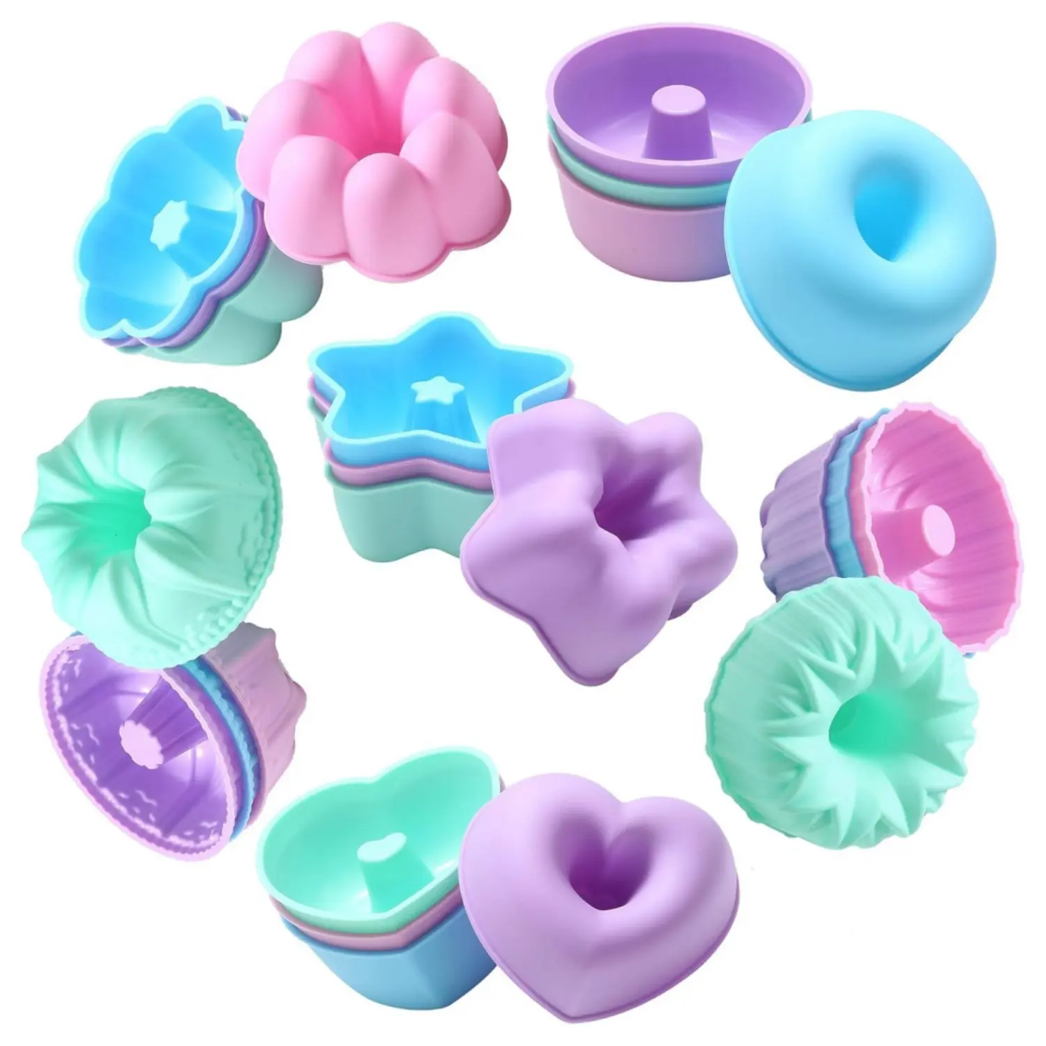 24PCS 3-Inch Shaped Silicone Baking Molds - 6-Shape Stackable Nonstick Cups, BPA-Free, Flexible, Easy to Remove, Dishwasher & Oven Safe for Cupcakes, Donuts, Jellies, Ideal for Birthday, Family Use
