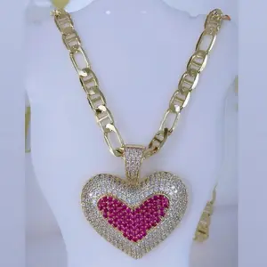 Heart design mariner Figaro necklace #0298- 14k laminated gold