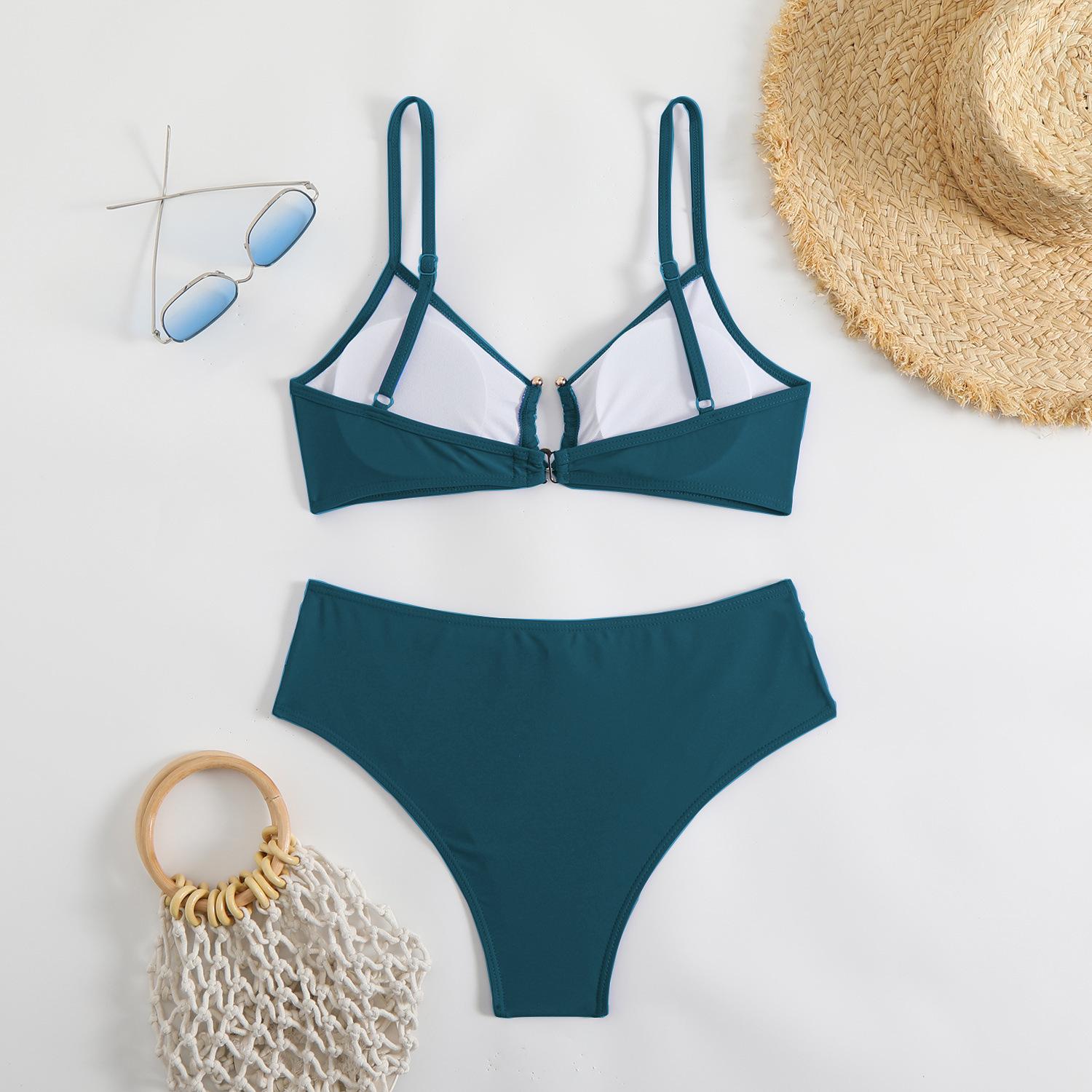 Hilor Women's Two-Piece Bikini Set with Plain Contrast Binding O-Ring Deco Ruch Swim Top & High-Cut Swim Bottoms for Summer Beach Outings