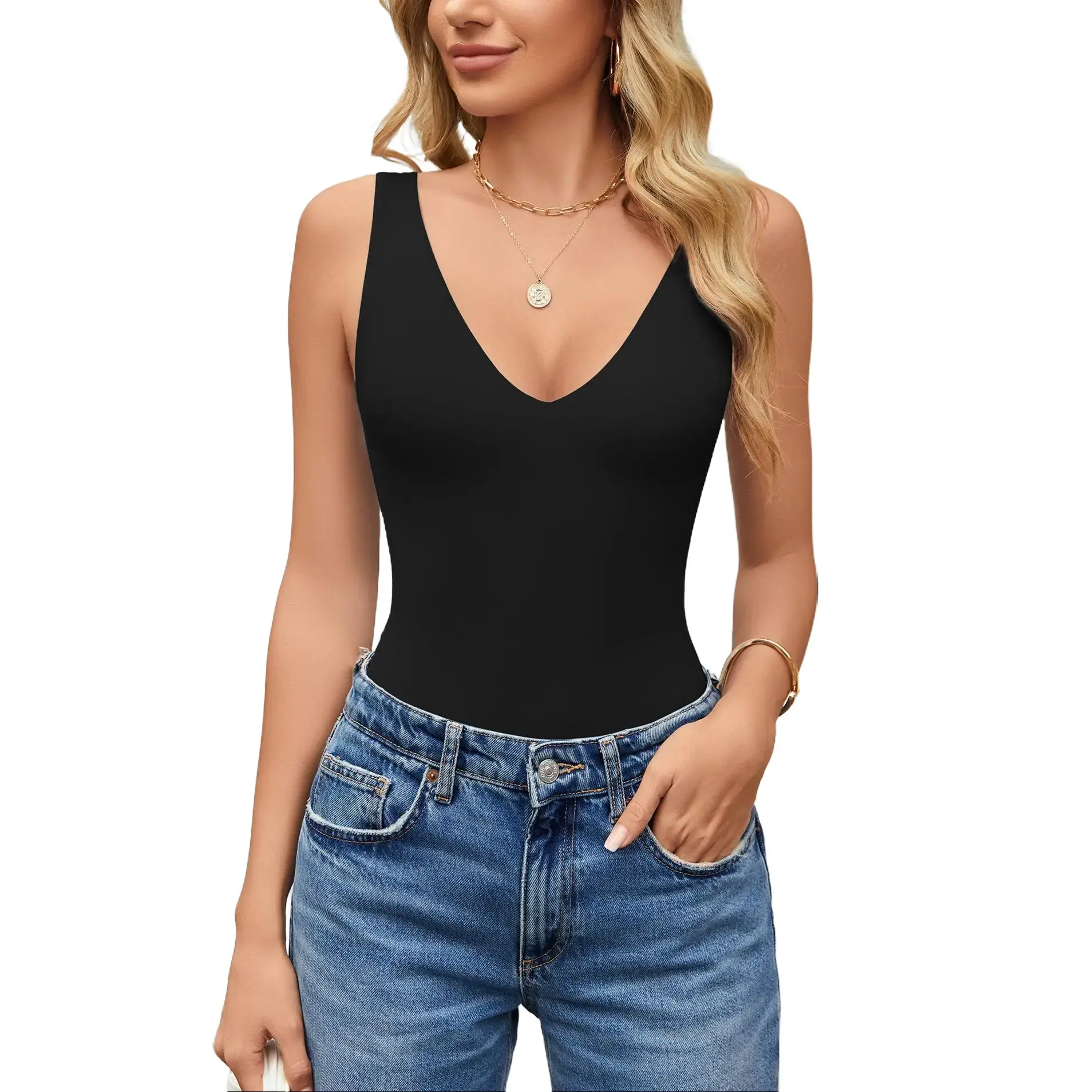 Avidlove Women's Plunge Deep V Neck Bodysuit Double Lined Sleeveless Body Suit Leotard for Going Out Tank