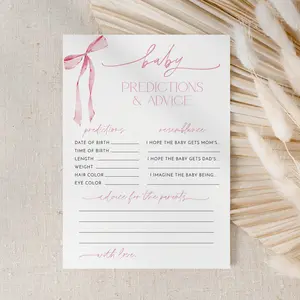 Baby Predictions & Advice Card | Pink Bow Baby Shower Keepsake | Pack of 10