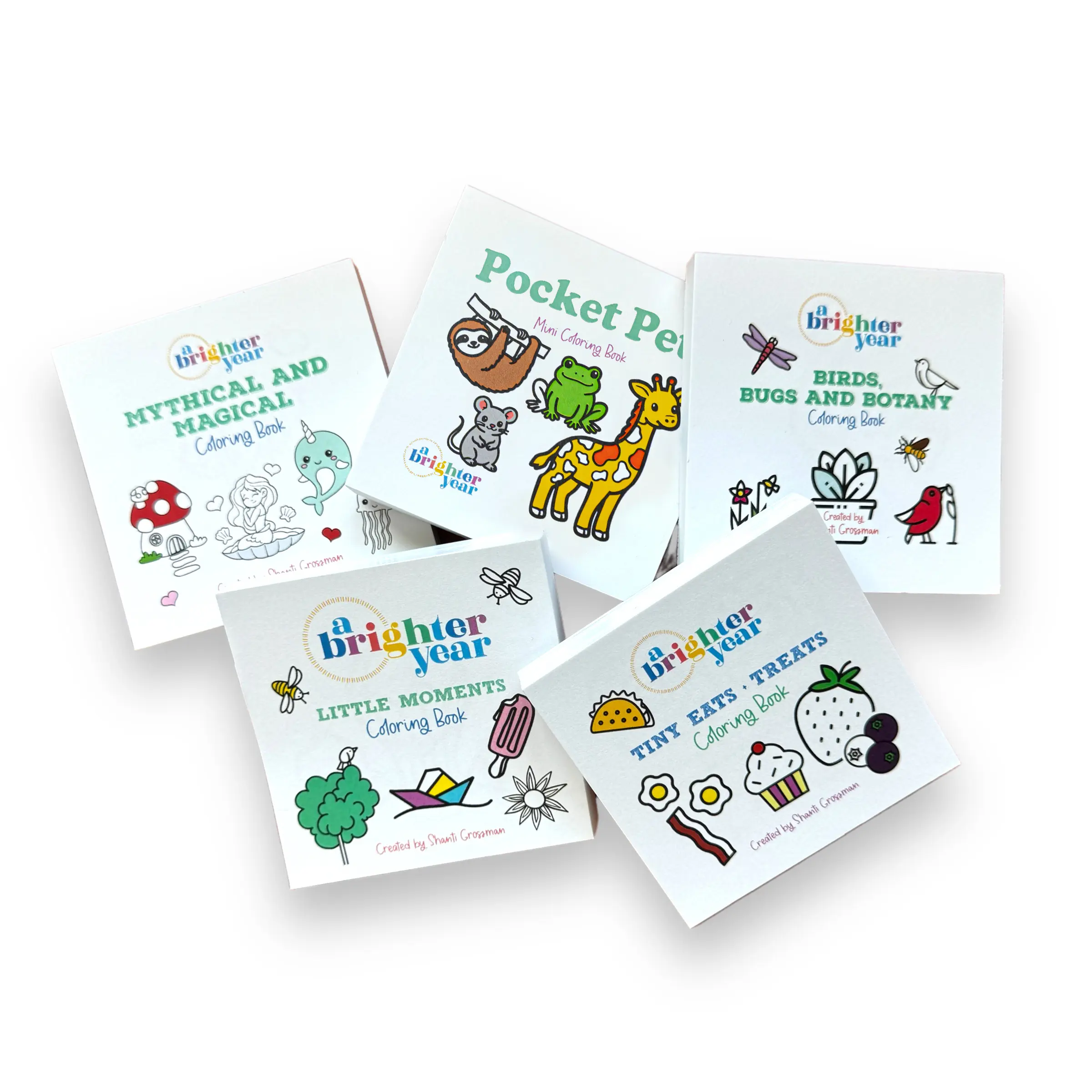5 piece Mini Coloring Book Bundle - A Brighter Year - Coloring Books for Adults - 50 pages each - 3x3 Inches, stocking stuffer, gift, christmas gift