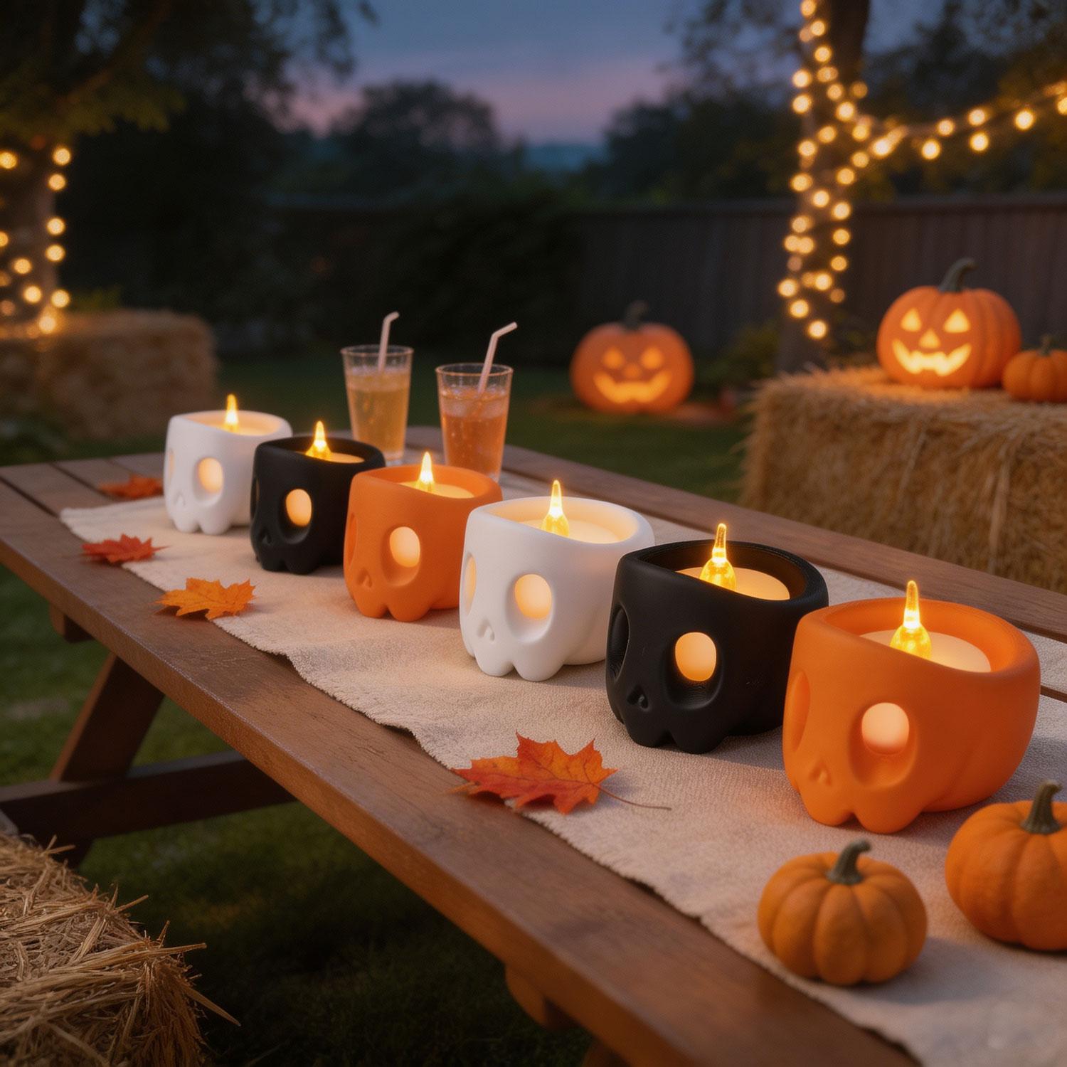 3D Printed Skull Tealight Candle Holder Set, Halloween Spooky Skeleton Candle Holders, Gothic Home Table Decor for Halloween Party Decoration
