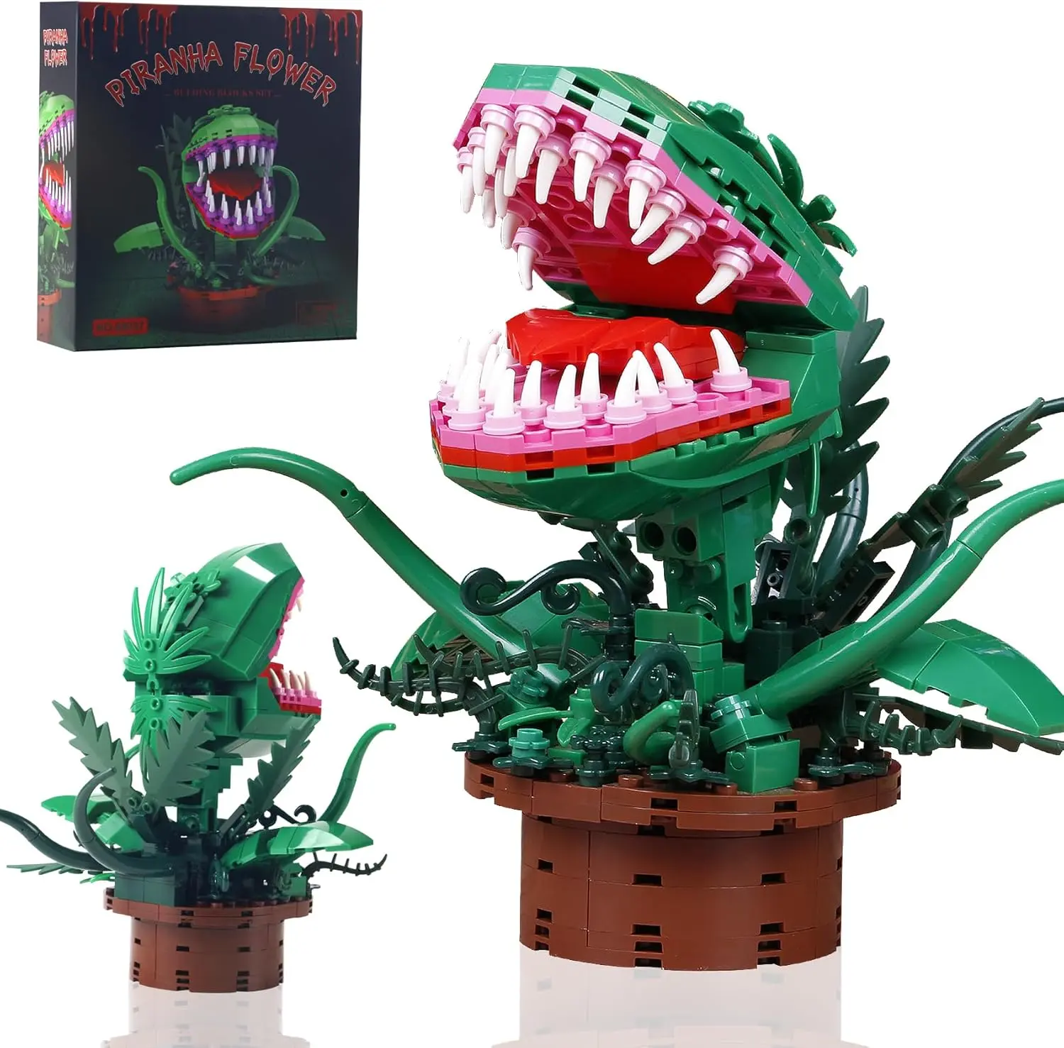 Man-Eating Flower Building Toy Sets, Piranha Plant Cannibal Flowers Model Building Set Compatible with lego Size,Greactive Horrous Shop of Monster Cannibal Flower Architecture Decoration,A for 6+ Boys or Girls